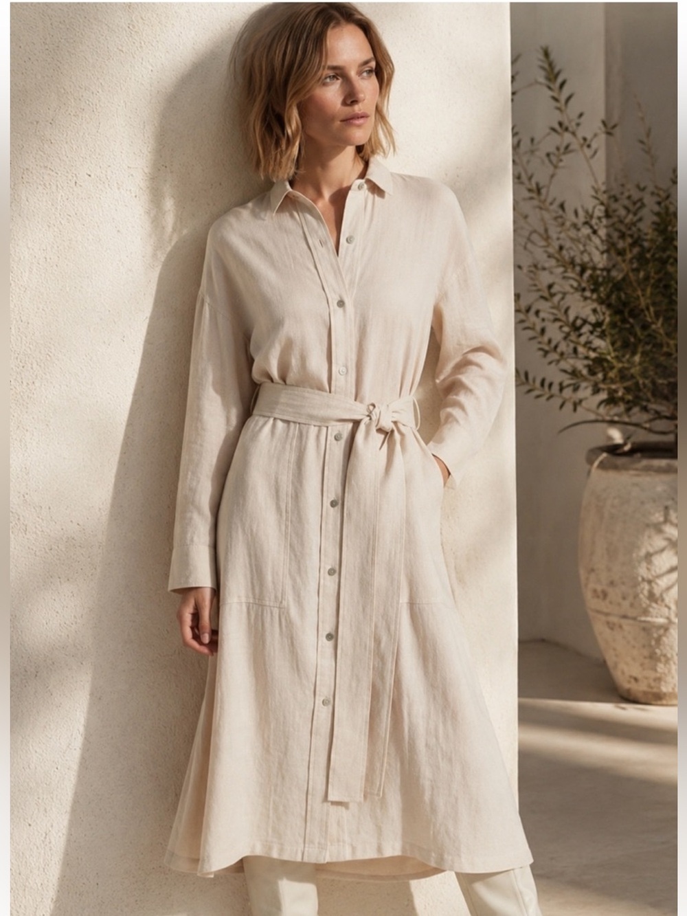 Vince Cream long Sleeve Button-Front Shirt Dress w/ Waist Tie from Bergdorf’s NY